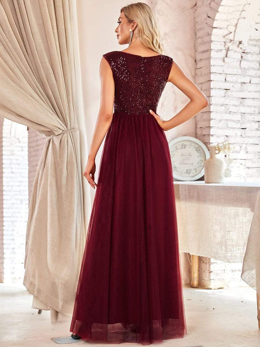 Floor Length Deep V Neck Sequin Prom Dresses for Women #color_Burgundy 