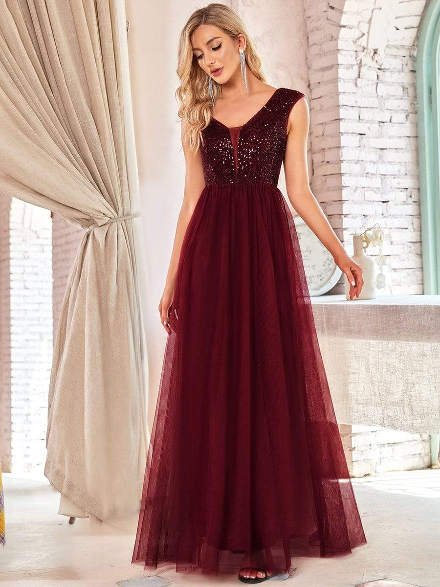 Floor Length Deep V Neck Sequin Prom Dresses for Women #color_Burgundy 