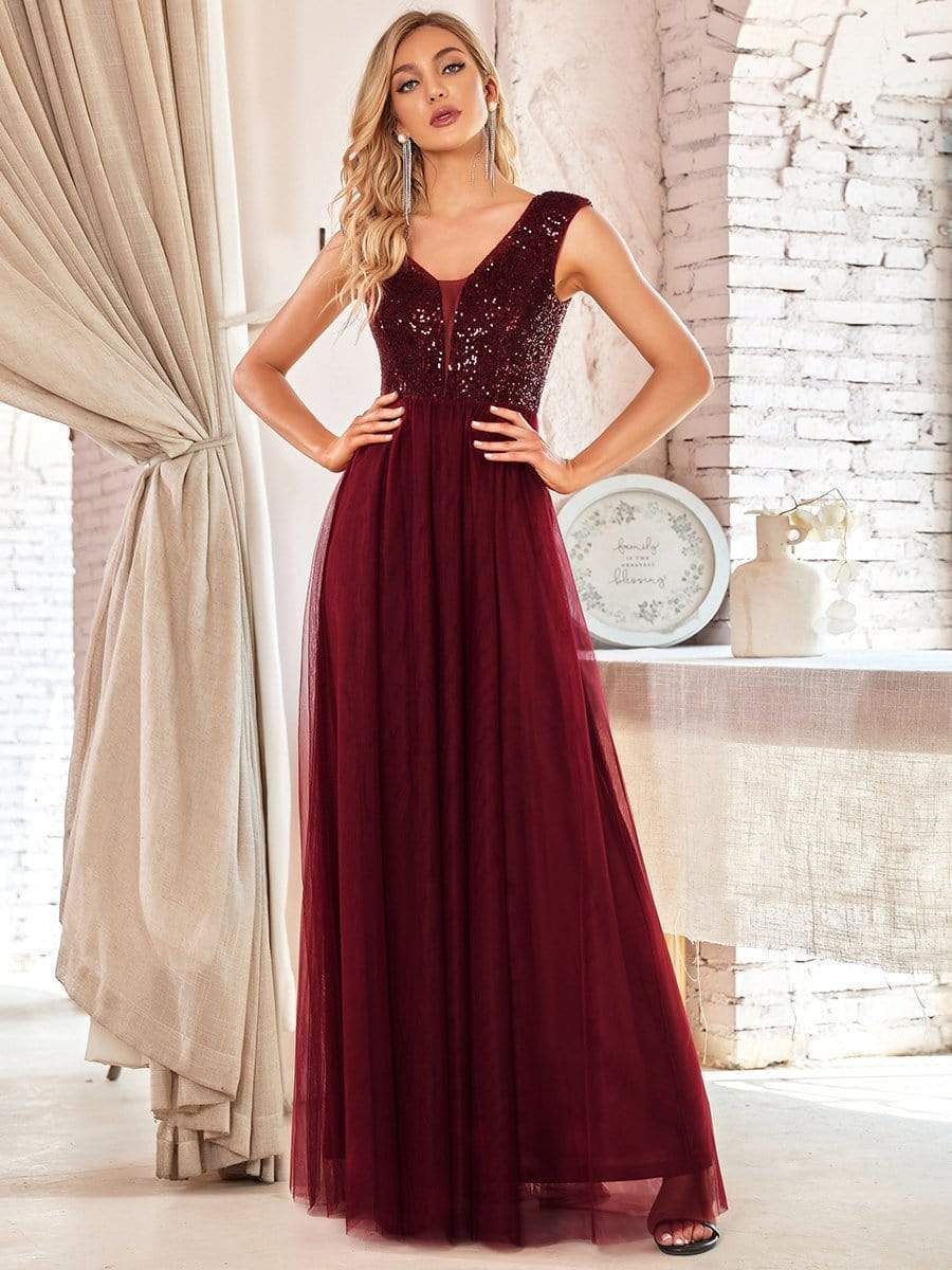 Floor Length Deep V Neck Sequin Prom Dresses for Women #color_Burgundy 