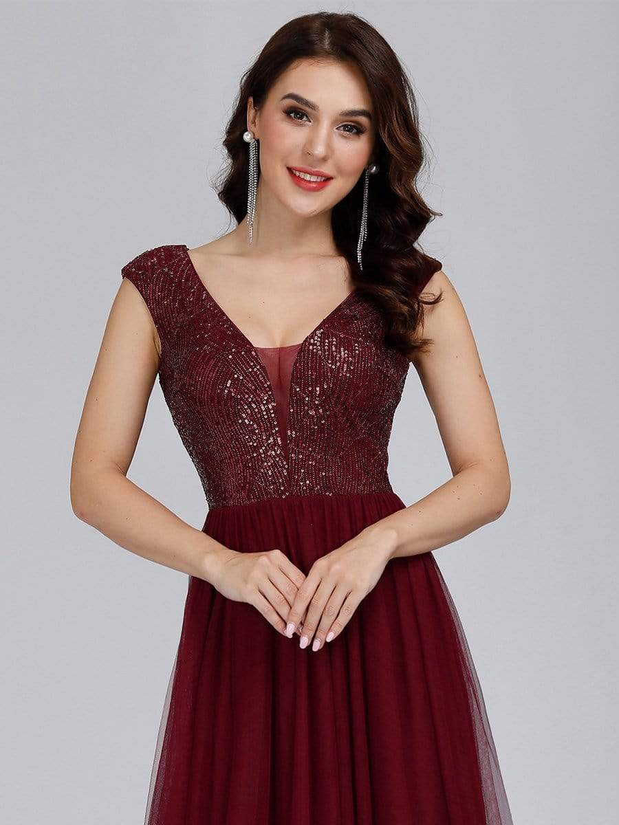 Floor Length Deep V Neck Sequin Prom Dresses for Women #color_Burgundy 