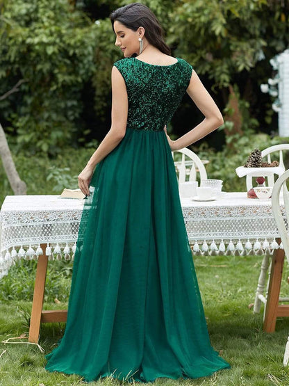 Floor Length Deep V Neck Sequin Prom Dresses for Women #color_Dark Green 