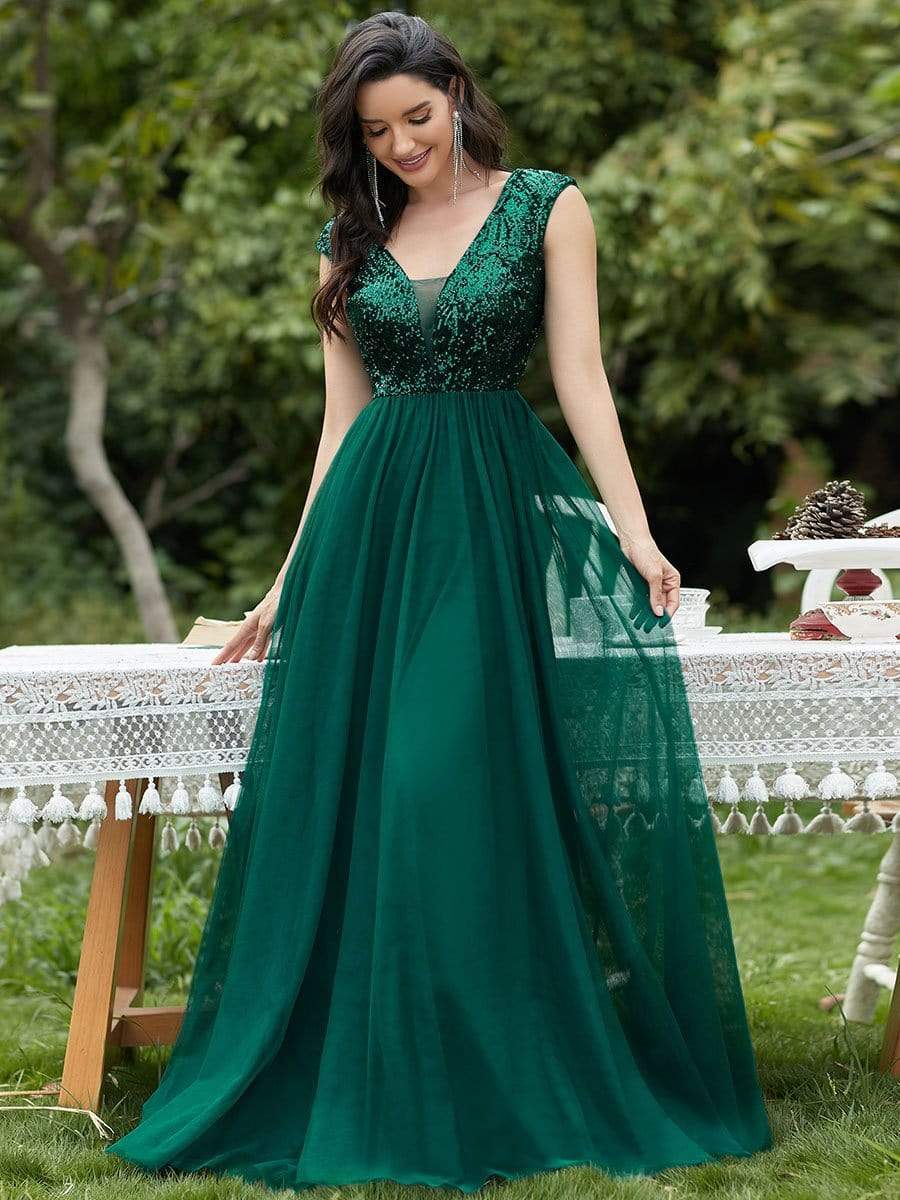 Floor Length Deep V Neck Sequin Prom Dresses for Women #color_Dark Green 