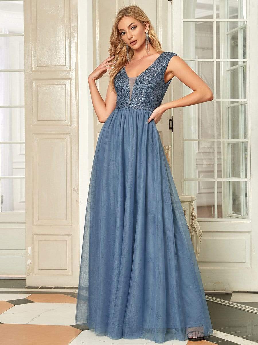 Floor Length Deep V Neck Sequin Prom Dresses for Women #color_Dusty Navy 