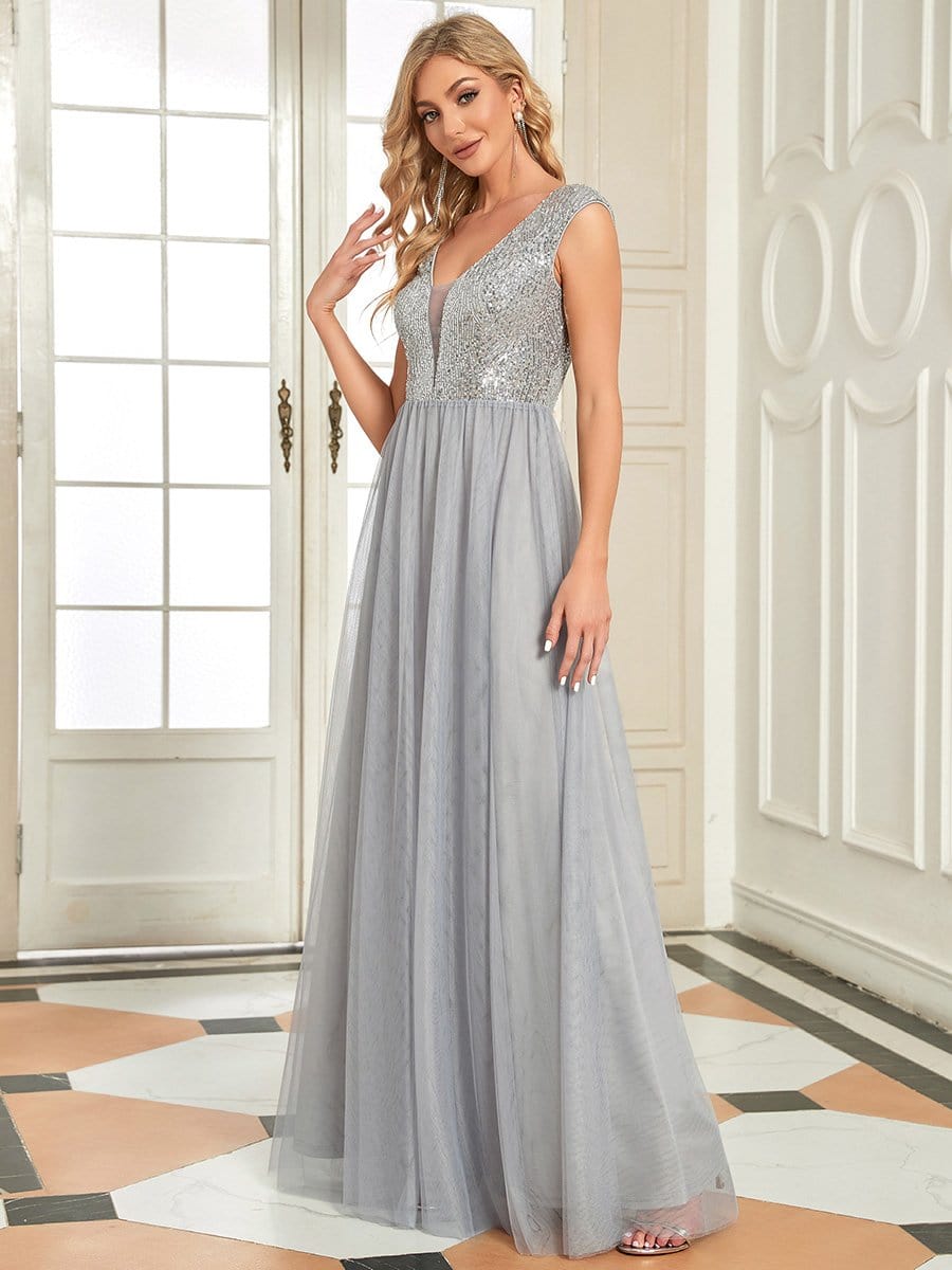 Floor Length Deep V Neck Sequin Prom Dresses for Women #color_Grey 