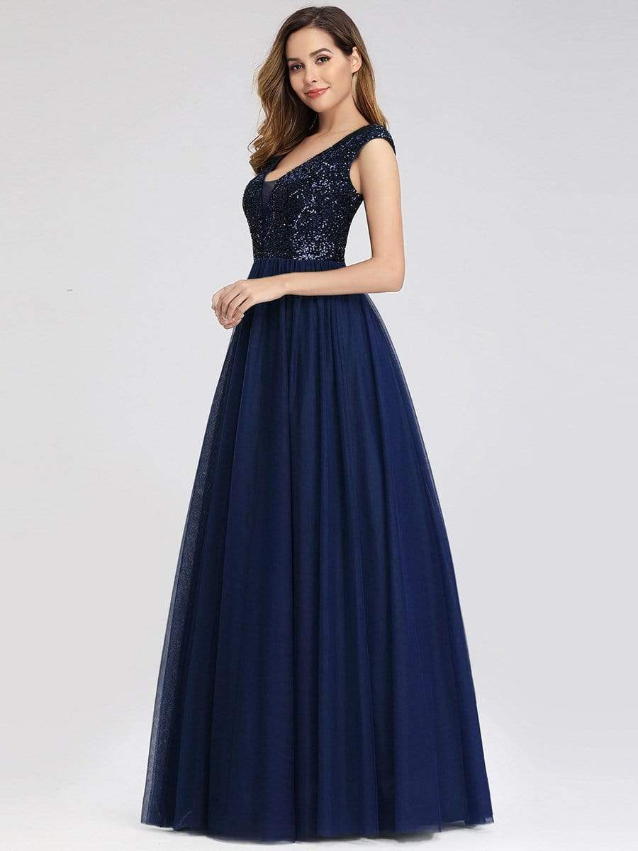 Floor Length Deep V Neck Sequin Prom Dresses for Women #color_Navy Blue 