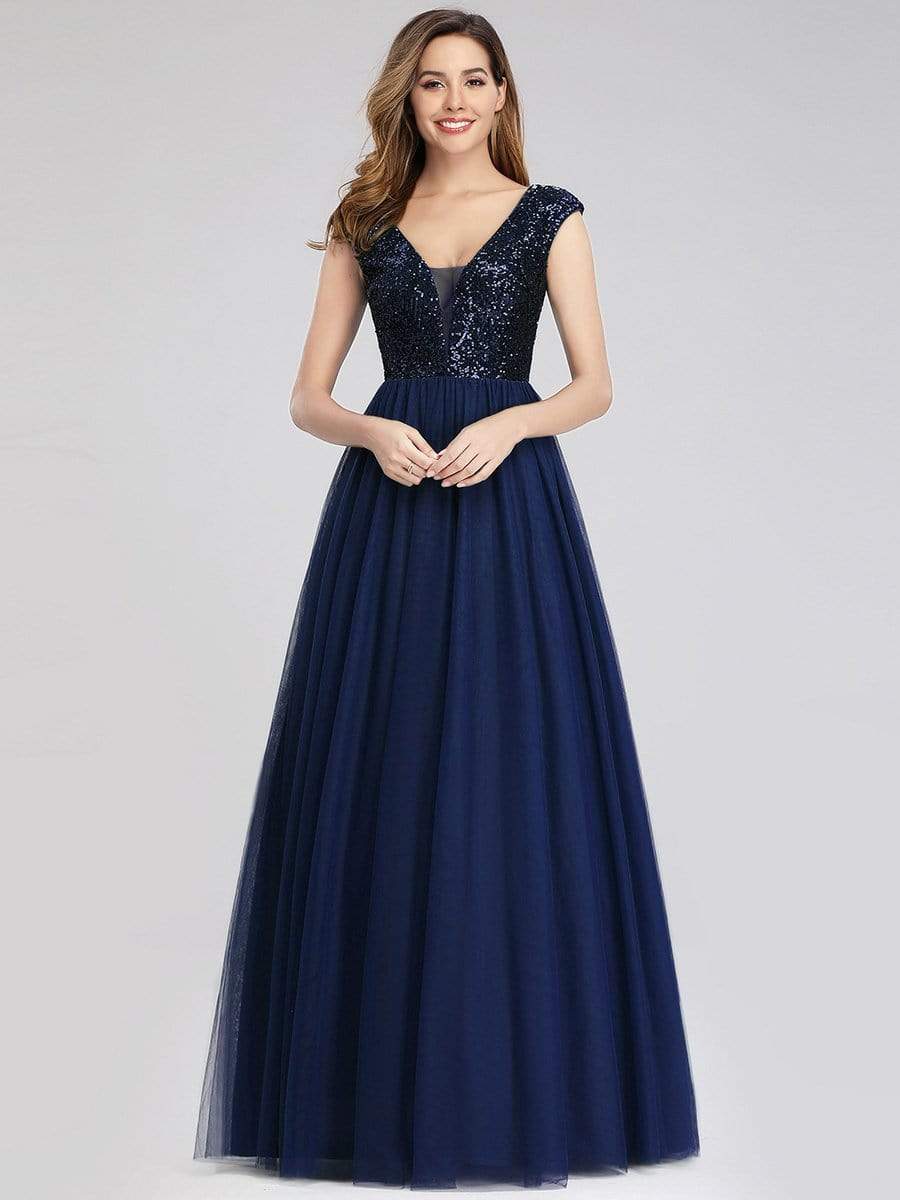 Floor Length Deep V Neck Sequin Prom Dresses for Women #color_Navy Blue 