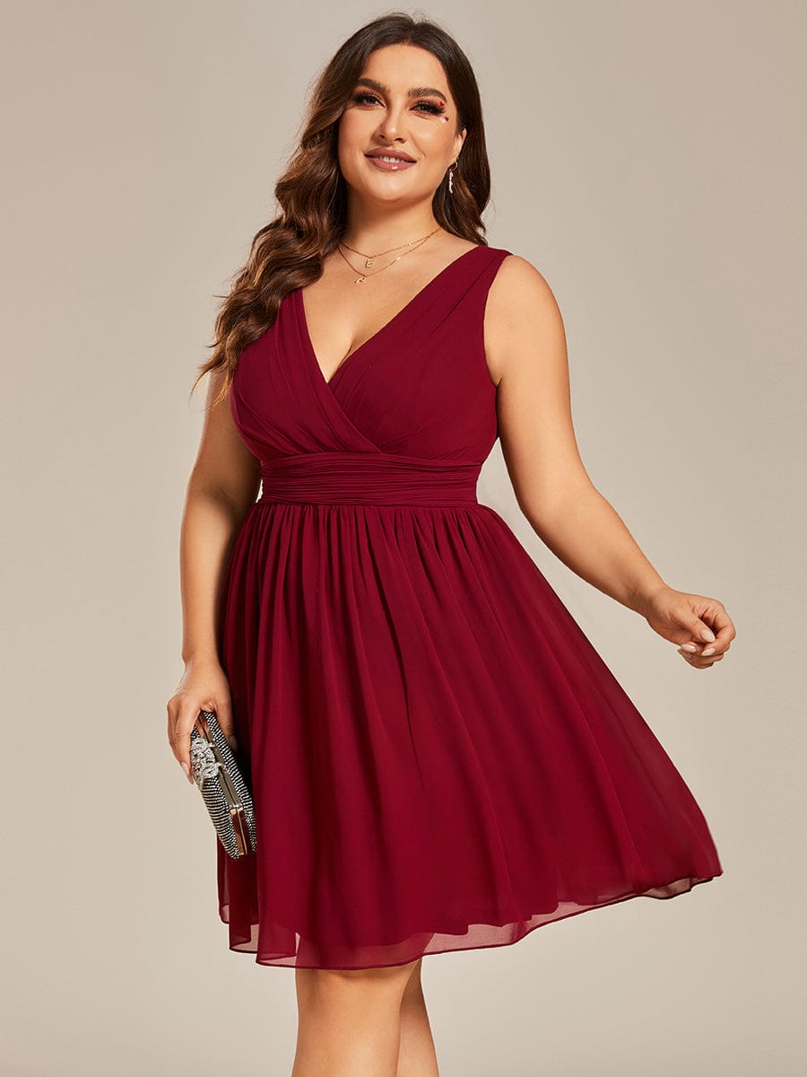 Plus Size Chiffon Sleeveless V Neck Short Bridesmaid Dress #color_Burgundy 