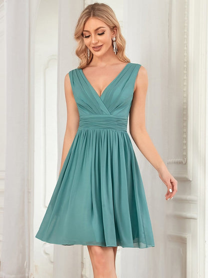 Women Sleeveless V Neck Short Bridesmaid Dress #color_Dusty Blue 