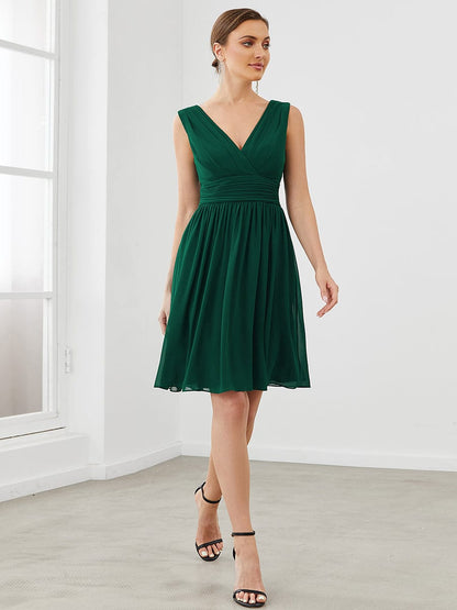 Women Sleeveless V Neck Short Bridesmaid Dress #color_Dark Green 