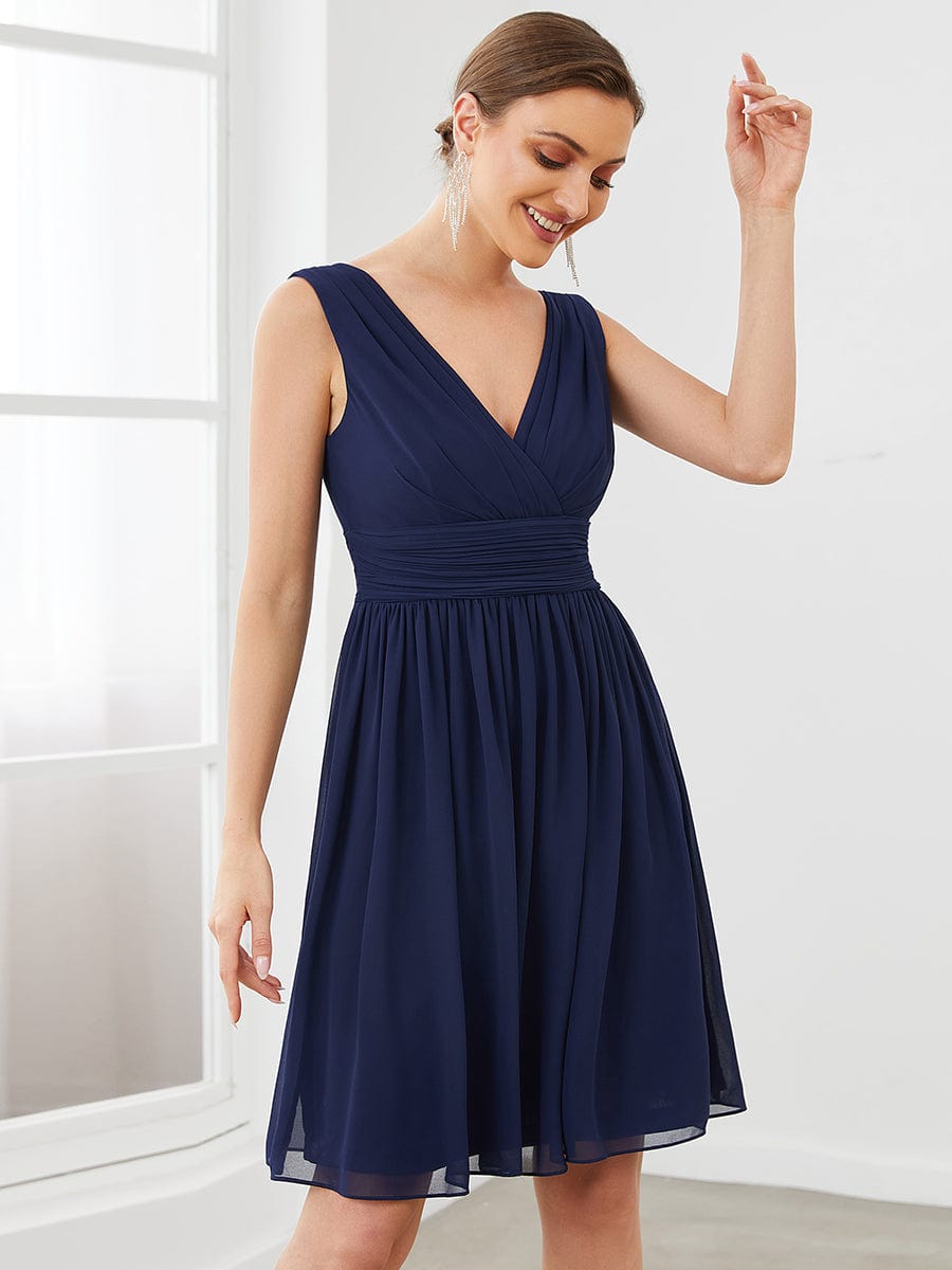 Women Sleeveless V Neck Short Bridesmaid Dress #color_Navy Blue 