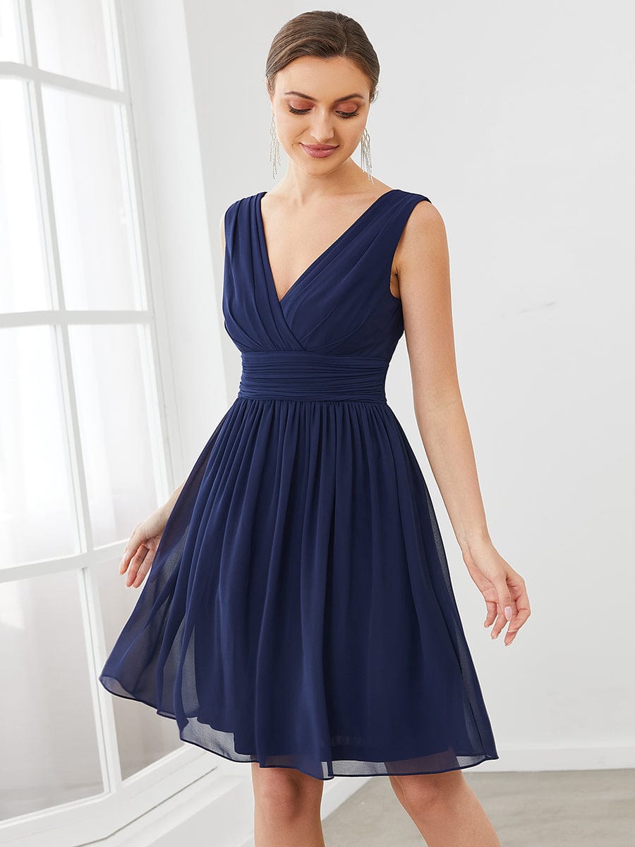 Custom Size Women Sleeveless V Neck Short Bridesmaid Dress #color_Navy Blue