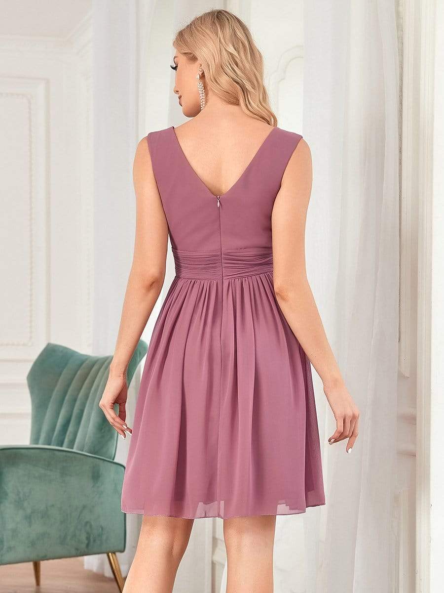 Women Sleeveless V Neck Short Bridesmaid Dress #color_Purple Orchid 