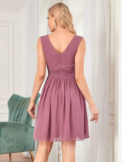 Women Sleeveless V Neck Short Bridesmaid Dress #color_Purple Orchid 