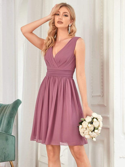 Women Sleeveless V Neck Short Bridesmaid Dress #color_Purple Orchid 