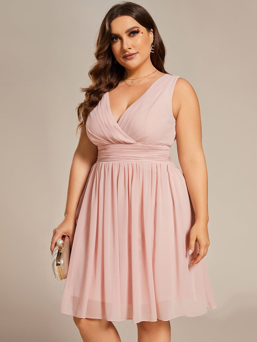 Plus Size Chiffon Sleeveless V Neck Short Bridesmaid Dress #color_Pink 