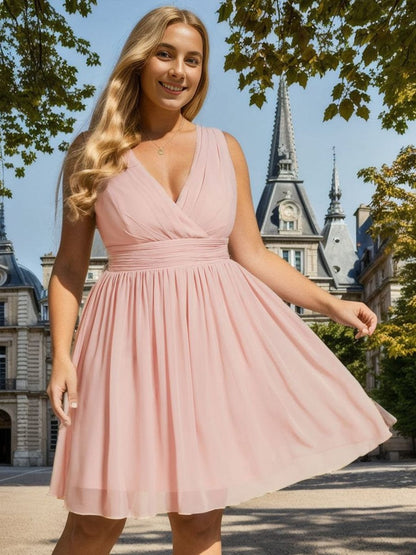 Women Sleeveless V Neck Short Bridesmaid Dress #color_Pink