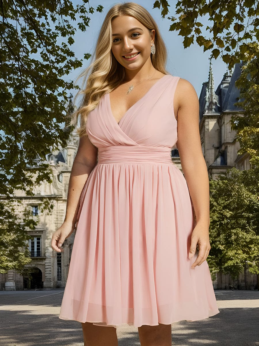 Women Sleeveless V Neck Short Bridesmaid Dress #color_Pink