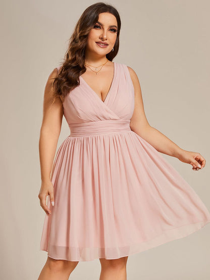 Plus Size Chiffon Sleeveless V Neck Short Bridesmaid Dress #color_Pink 