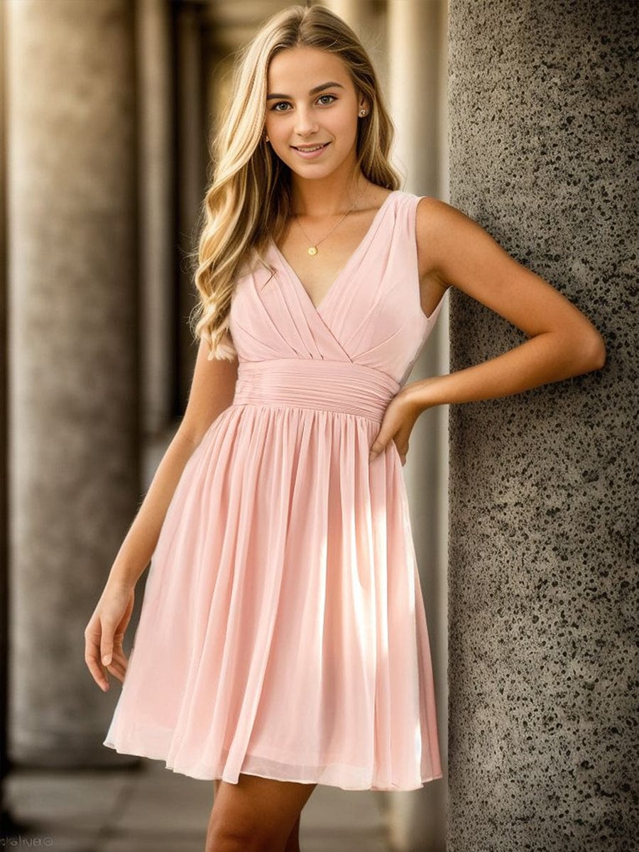 Women Sleeveless V Neck Short Bridesmaid Dress