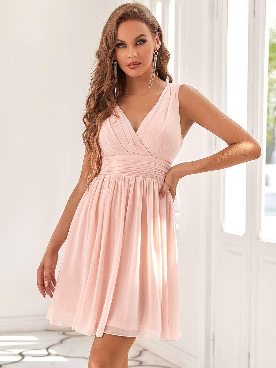 Women Sleeveless V Neck Short Bridesmaid Dress #color_Pink 