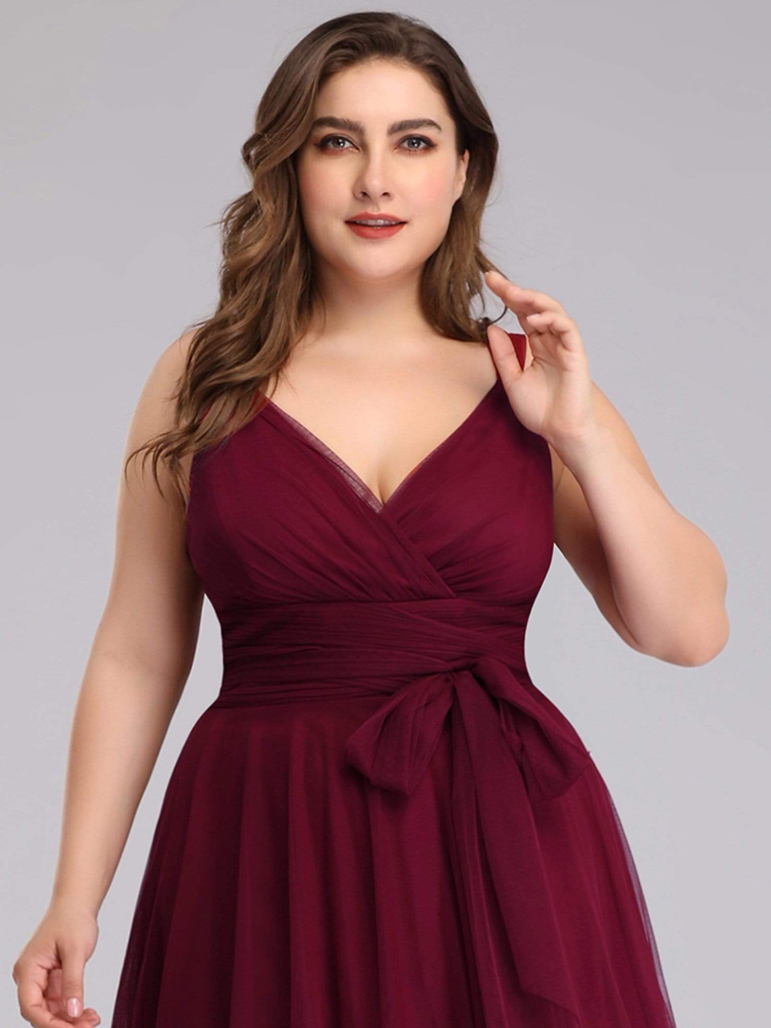 Plus Size Double V Neck Maxi Tulle Bridesmaid Dress #color_Burgundy 