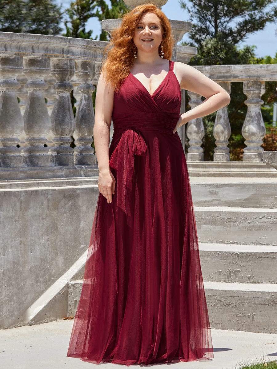 Custom Size Floor Length Double V Neck Tulle Bridesmaid Dresses #color_Burgundy