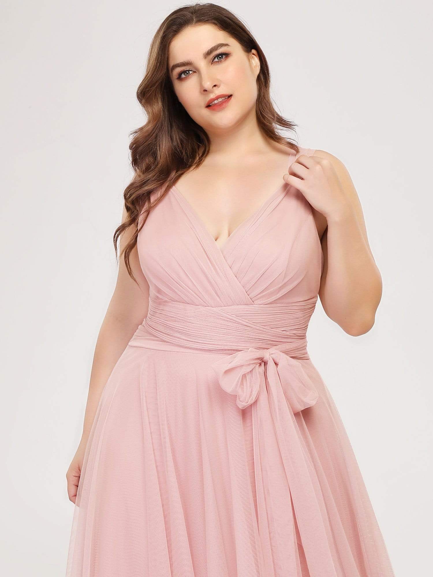 Plus Size Double V Neck Maxi Tulle Bridesmaid Dress #color_Blush 