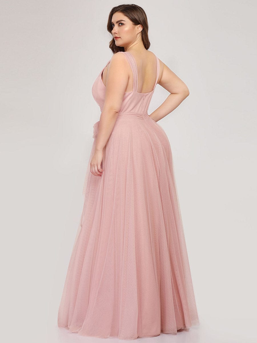 Custom Size Floor Length Double V Neck Tulle Bridesmaid Dresses #color_Blush