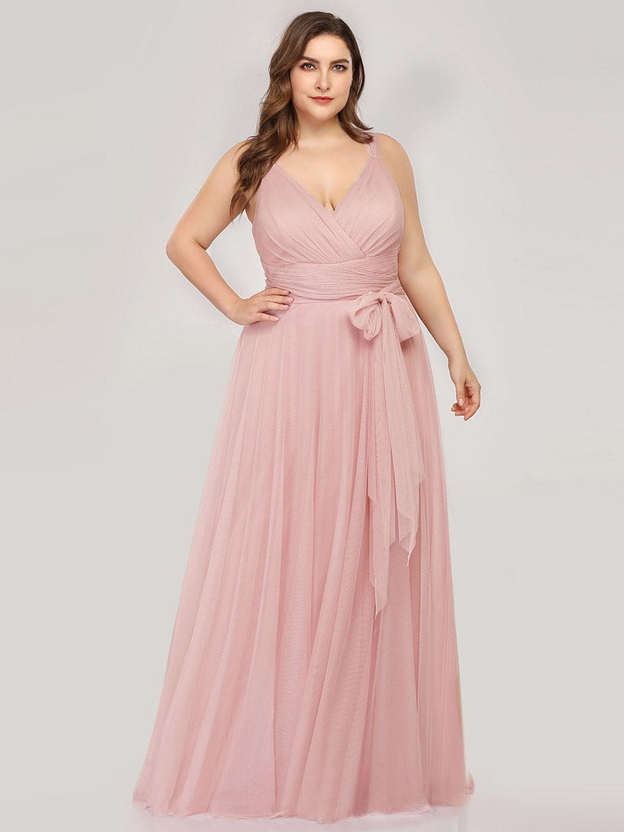 Custom Size Floor Length Double V Neck Tulle Bridesmaid Dresses #color_Blush