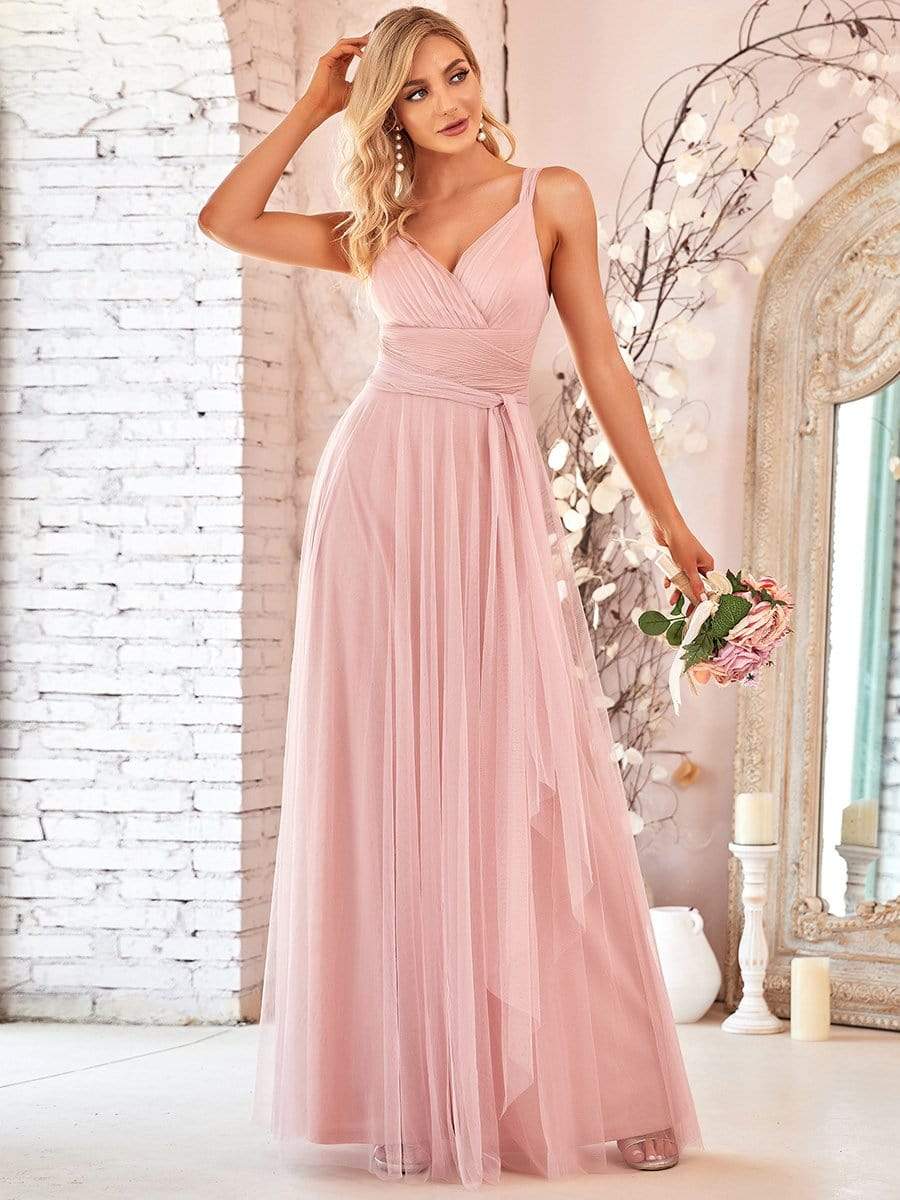 Floor Length Double V Neck Tulle Bridesmaid Dresses #color_Blush 