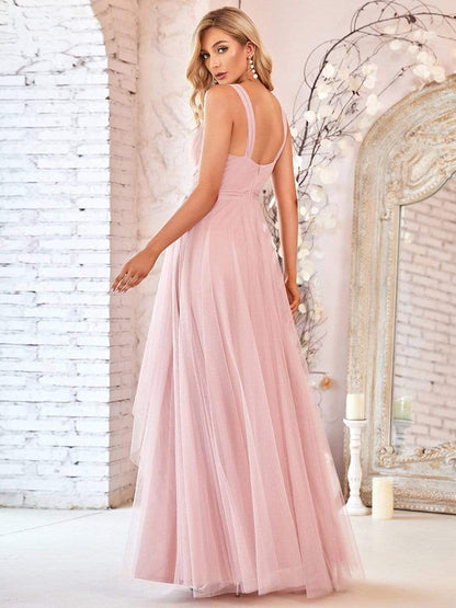 Floor Length Double V Neck Tulle Bridesmaid Dresses #color_Blush 