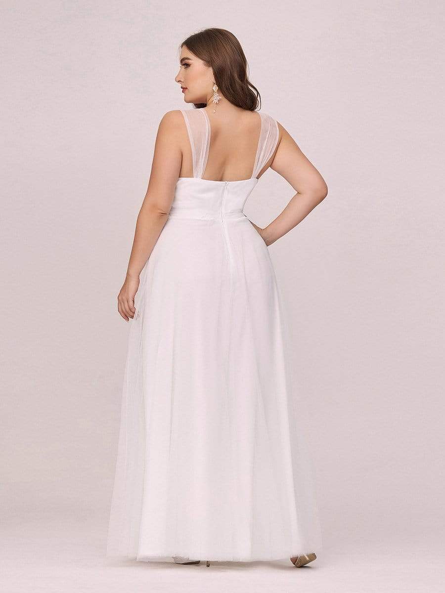 Plus Size Double V Neck Maxi Tulle Bridesmaid Dress #color_Cream 