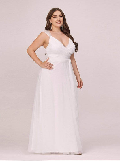 Plus Size Double V Neck Maxi Tulle Bridesmaid Dress #color_Cream 