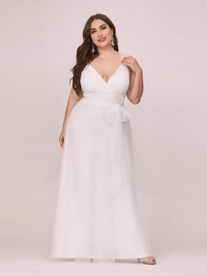 Plus Size Double V Neck Maxi Tulle Bridesmaid Dress #color_Cream 