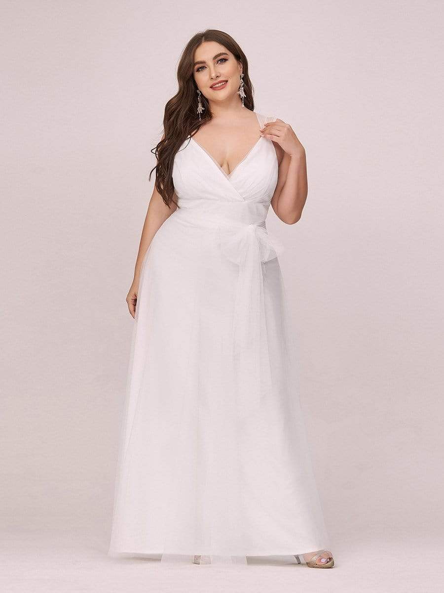 Deep V Neck Pleated Bodice Simple Tulle Wedding Dress #color_Cream 