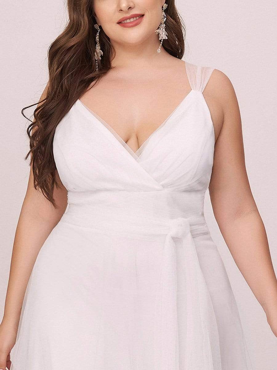 Plus Size Double V Neck Maxi Tulle Bridesmaid Dress #color_Cream 