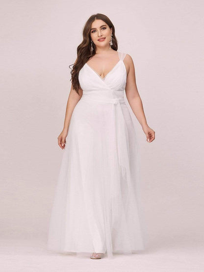 Deep V Neck Pleated Bodice Simple Tulle Wedding Dress #color_Cream 