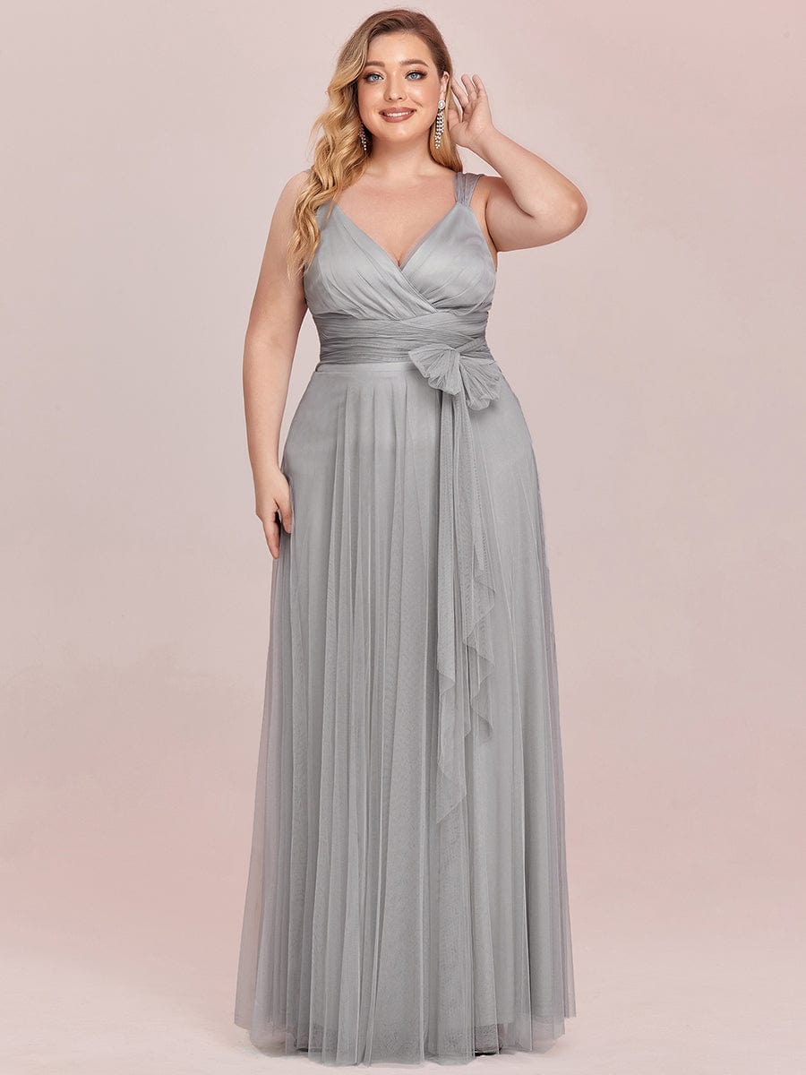 Custom Size Floor Length Double V Neck Tulle Bridesmaid Dresses #color_Grey