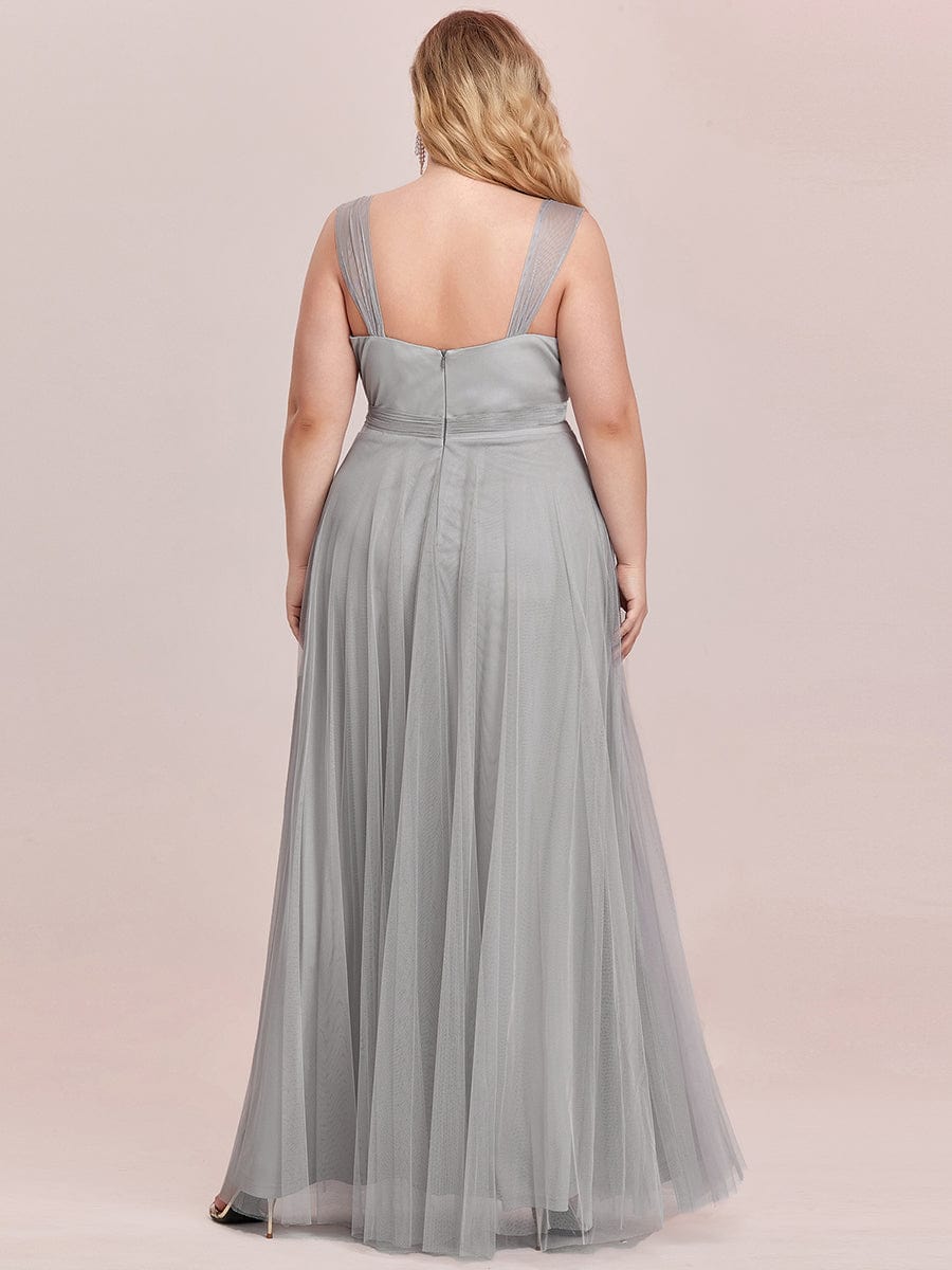 Custom Size Floor Length Double V Neck Tulle Bridesmaid Dresses #color_Grey