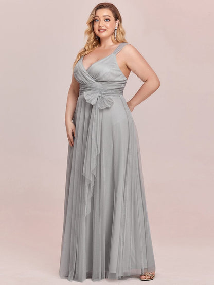 Custom Size Floor Length Double V Neck Tulle Bridesmaid Dresses #color_Grey