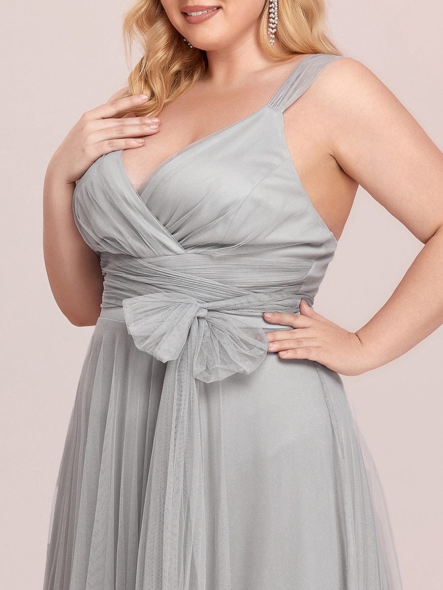 Custom Size Floor Length Double V Neck Tulle Bridesmaid Dresses #color_Grey