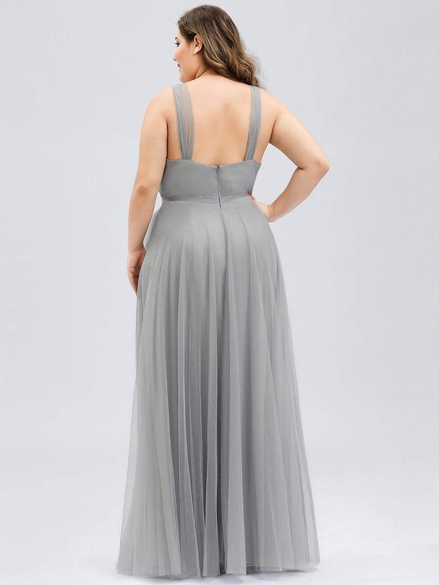 Plus Size Double V Neck Maxi Tulle Bridesmaid Dress #color_Grey 