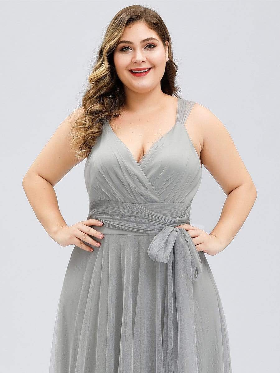 Plus Size Double V Neck Maxi Tulle Bridesmaid Dress #color_Grey 