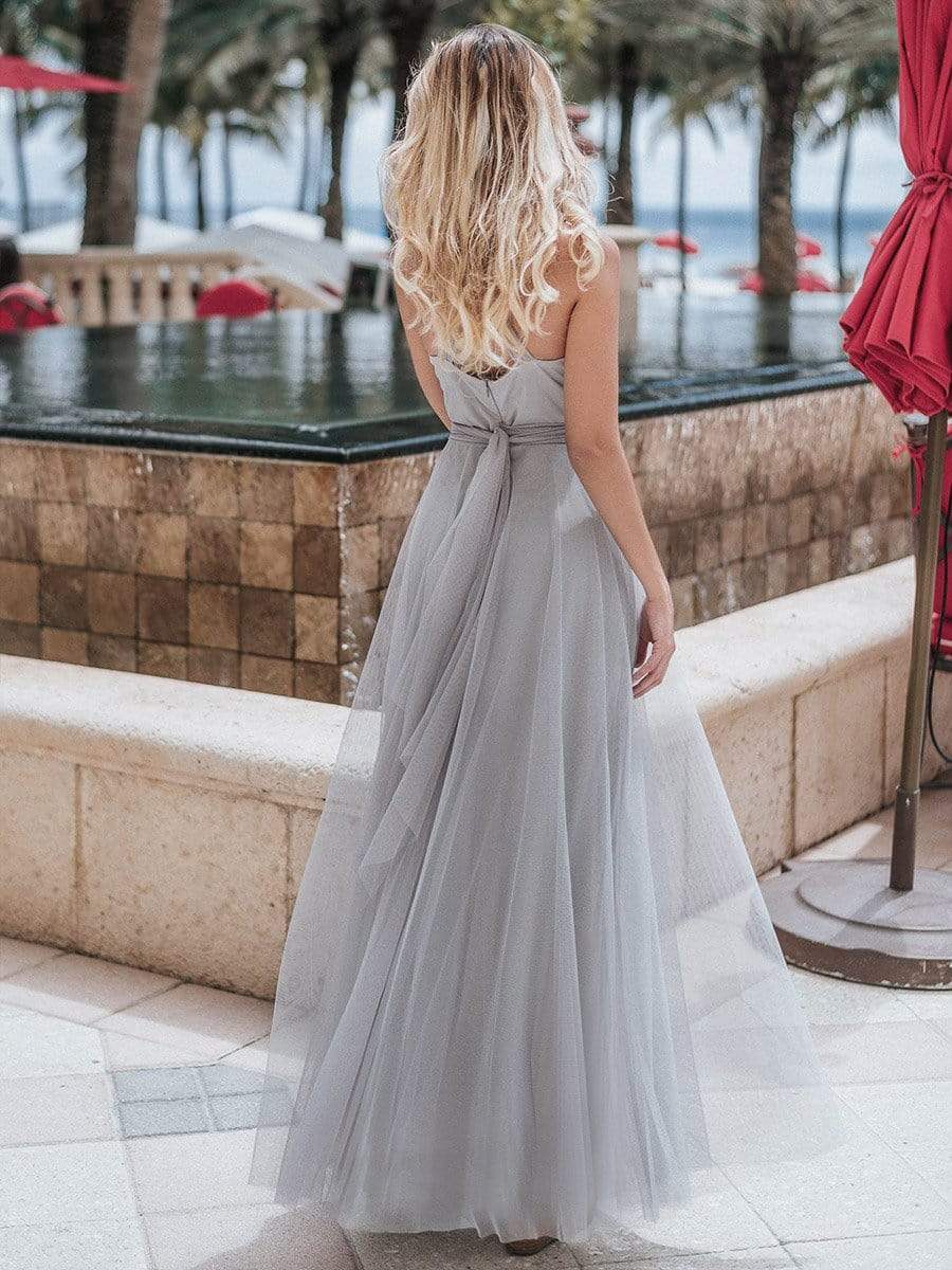 Floor Length Double V Neck Tulle Bridesmaid Dresses #color_Grey 