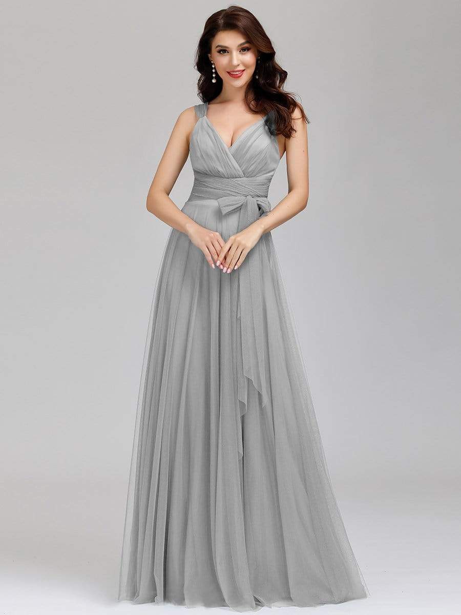 Floor Length Double V Neck Tulle Bridesmaid Dresses #color_Grey 