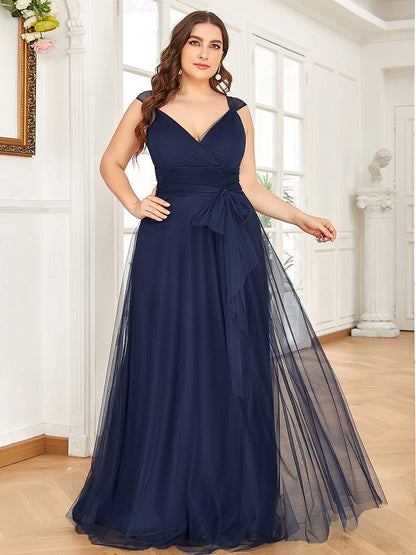 Floor Length Double V Neck Tulle Bridesmaid Dresses #color_Navy Blue 