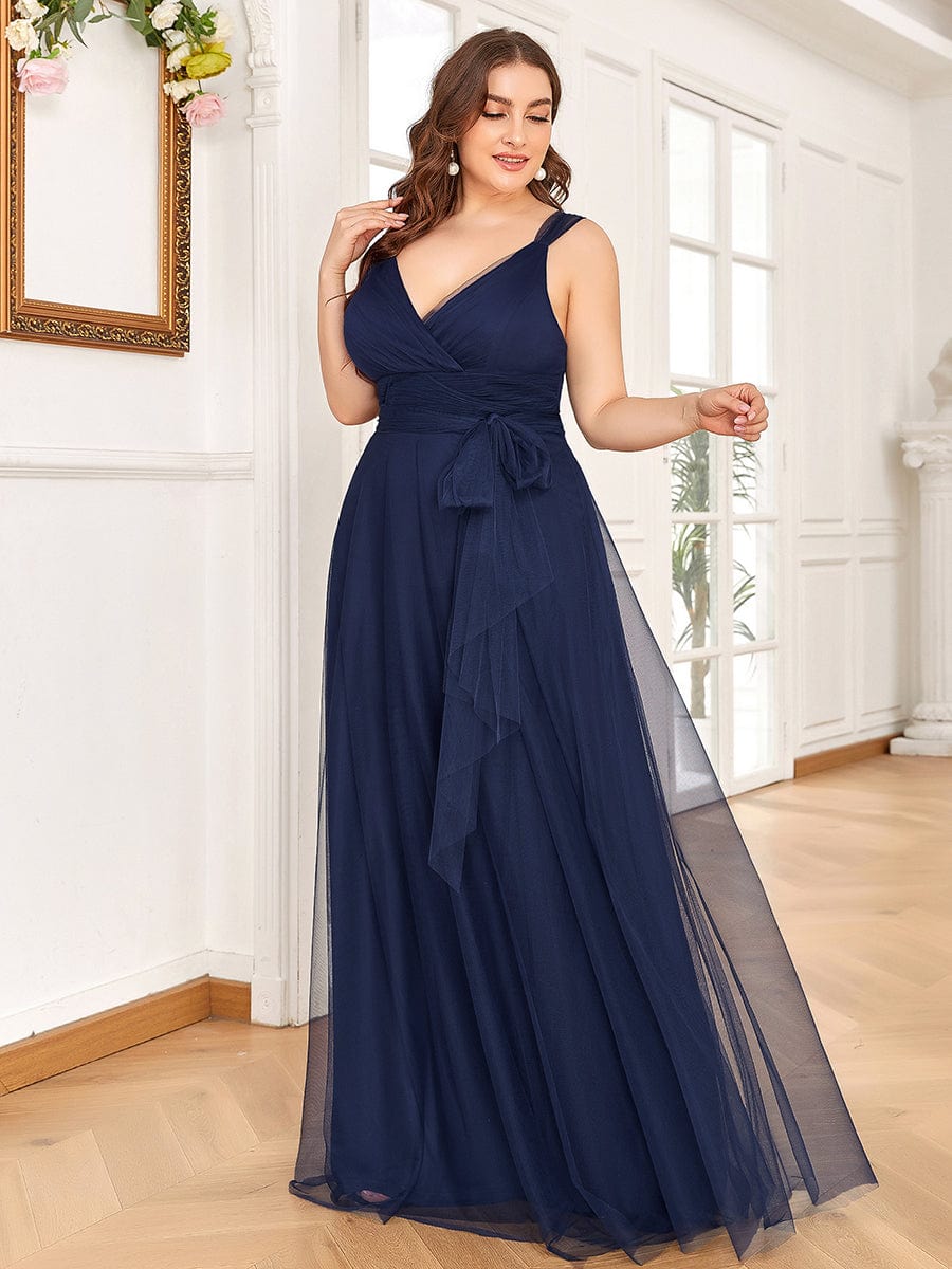 Plus Size Double V Neck Maxi Tulle Bridesmaid Dress #color_Navy Blue 