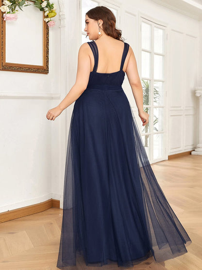 Floor Length Double V Neck Tulle Bridesmaid Dresses #color_Navy Blue 