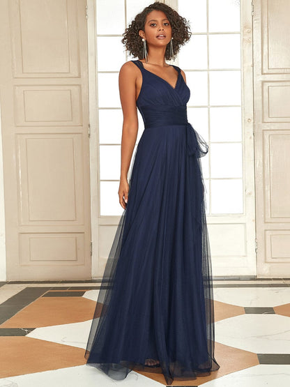 Floor Length Double V Neck Tulle Bridesmaid Dresses #color_Navy Blue 