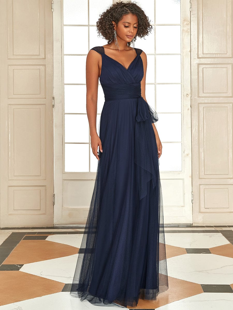 Floor Length Double V Neck Tulle Bridesmaid Dresses #color_Navy Blue 